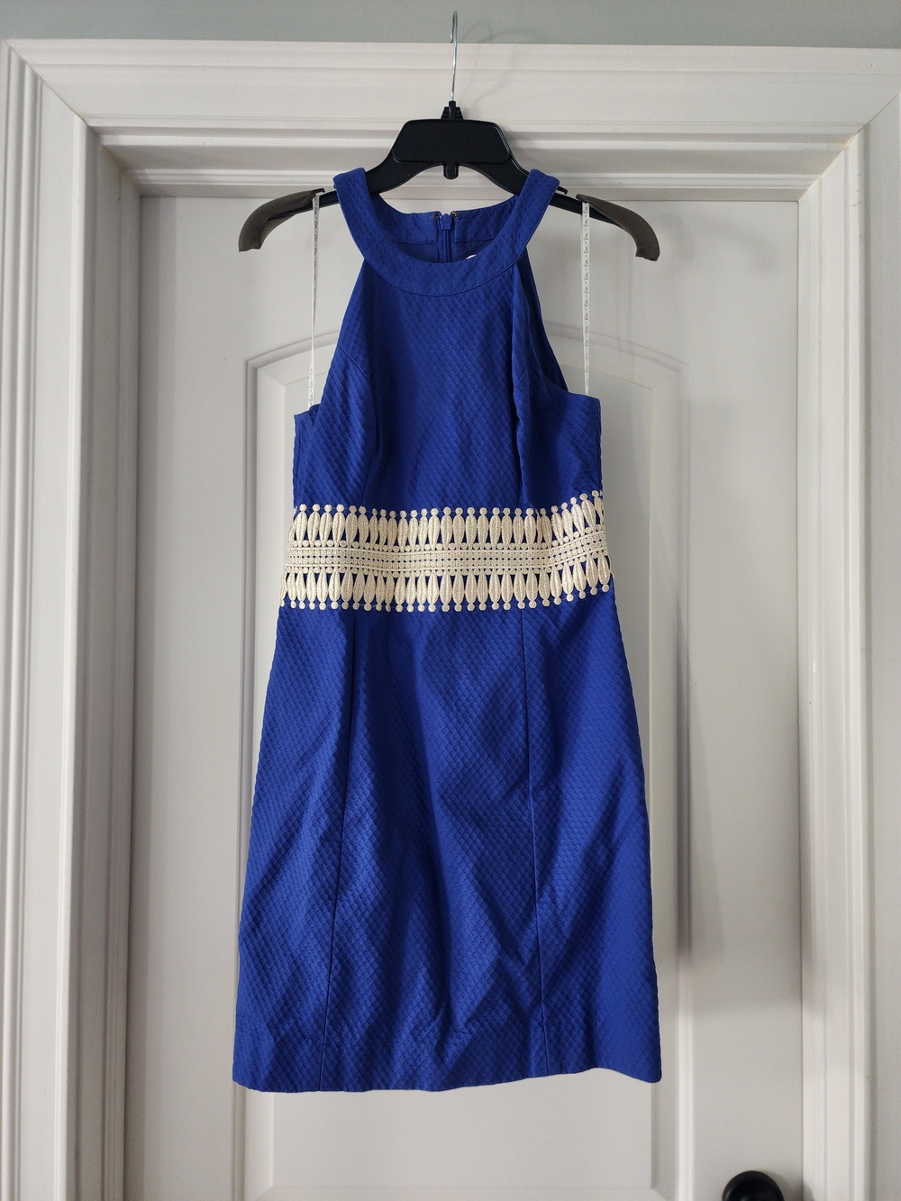 Blue Sleeveless Dress with Cream Waist Detail
